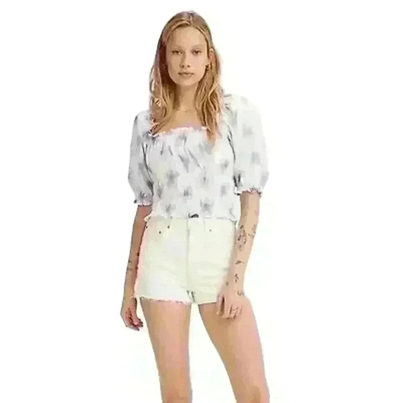 LEVI'S Milkmaid Smocked Floral Puff Balloon Off Shoulder Crop Top Women Med - Picture 3 of 13